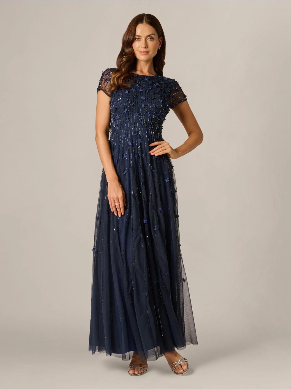 Adrianna Papell Size 14 NWT Navy Floral Evening Gown Formal Dress GALA MOB